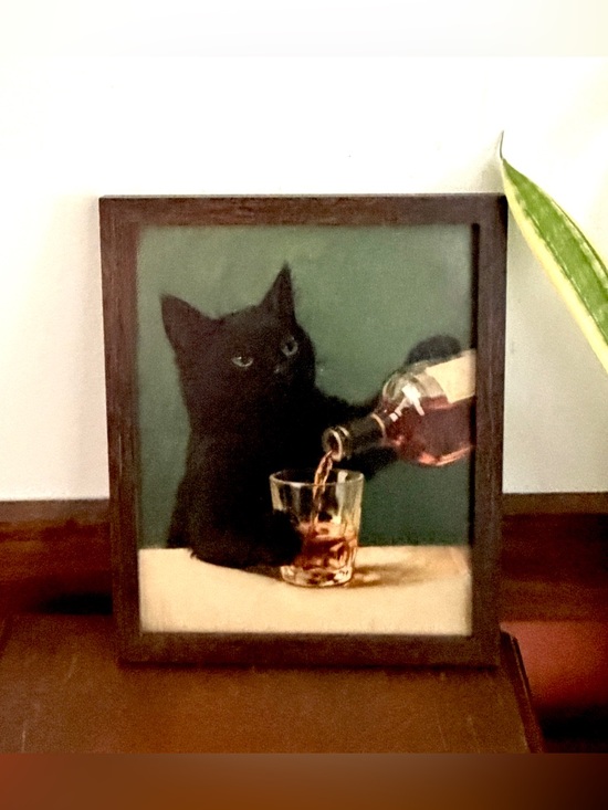 Other - Black Cat Pouring a Glass of Whiskey Vintage Style Canvas Art Print Framed Art